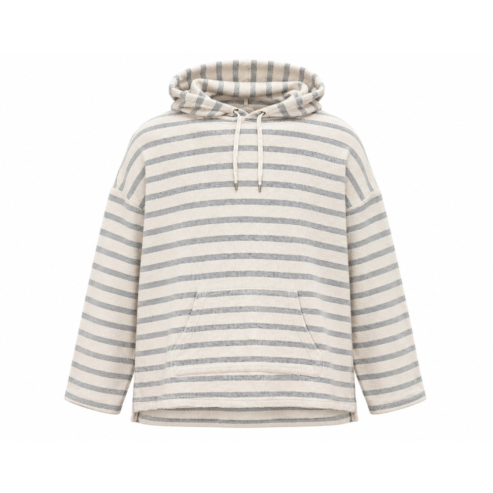 Oversized Striped Knit Hoodie Cream Grey Nautical Kangaroo Pocket Pullover Coast